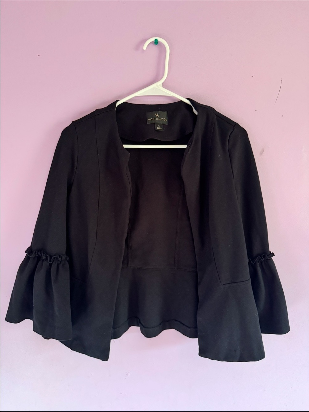Worthington Black Open-Front Jacket with Ruffle Bell Sleeves
